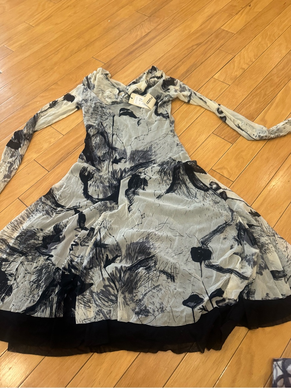 Off white and Black Floral Fit-and-Flare Dress fuzzy